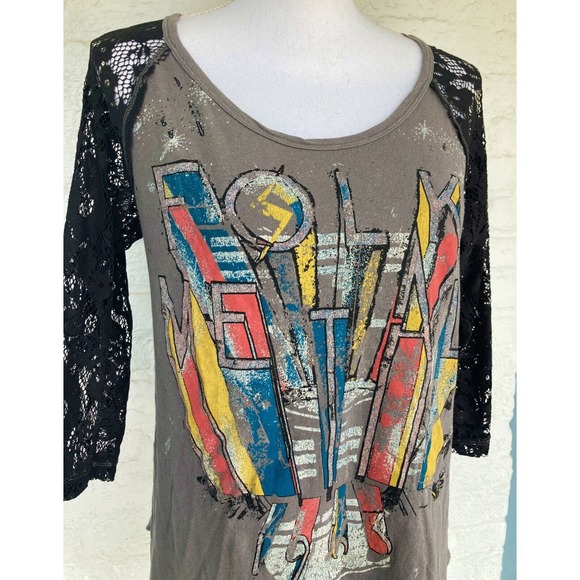 Free People We The Free Raglan Baseball Shirt Folk Metal Lace Sleeves Size Small - Picture 2 of 7